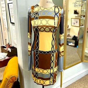 JULIE BROWN Sz M 100% silk equestrian, print beautiful Hues midi dress back zip